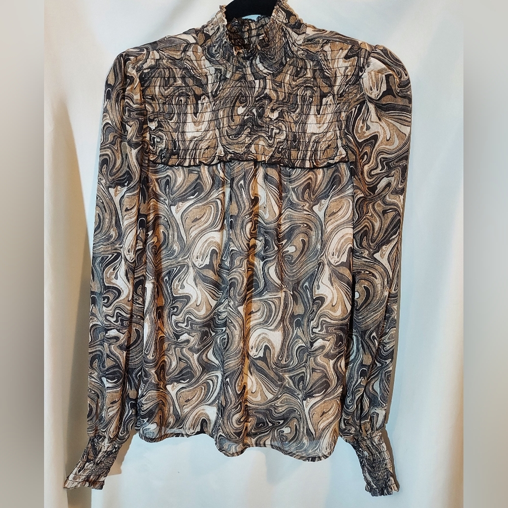 Haver London Marble Pattern Smocked Neck Sheer Lined Blouse in Brown and Cream